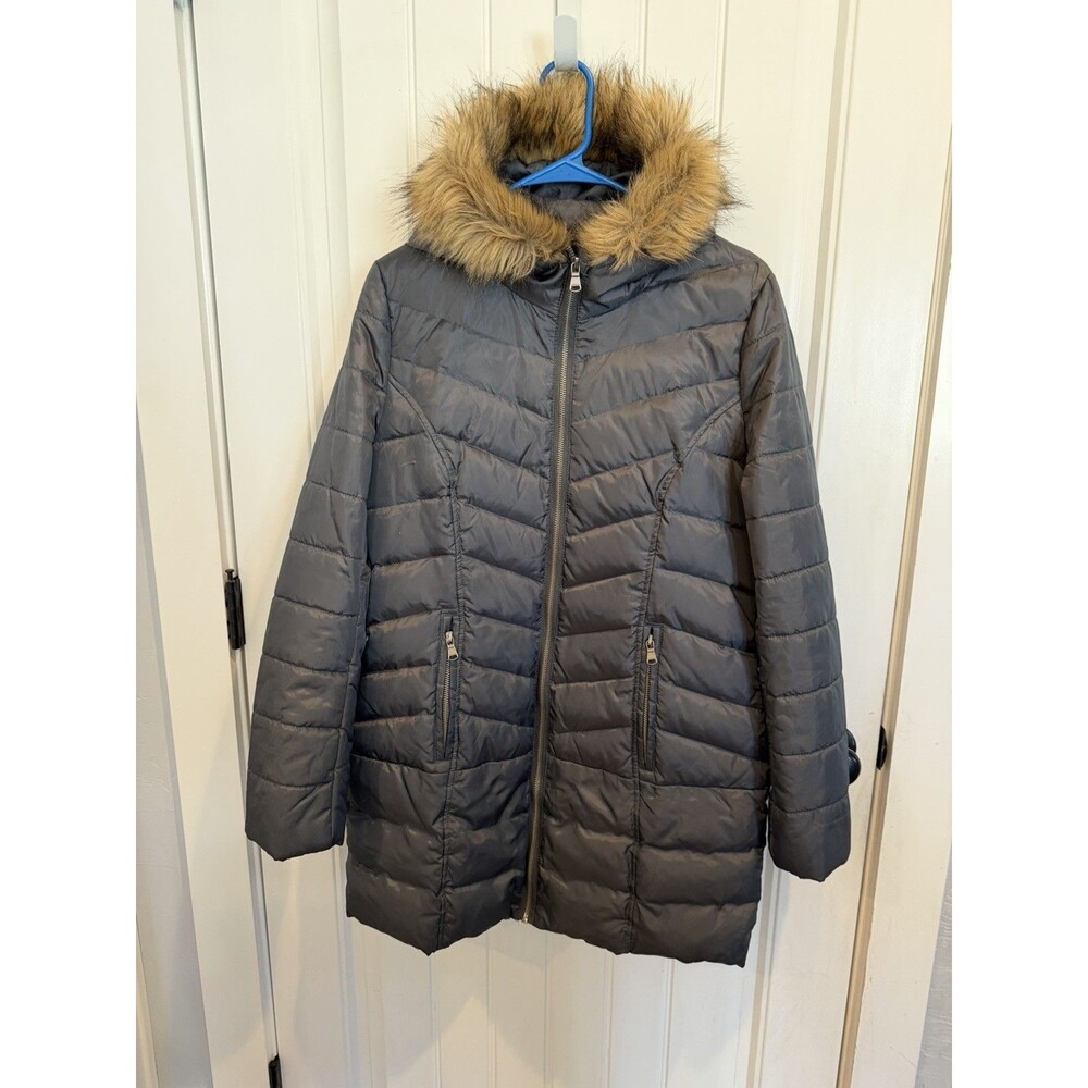 Hawke & Co Womens M Gray Down Puffer Coat Faux Fur Hood Long Winter Parka